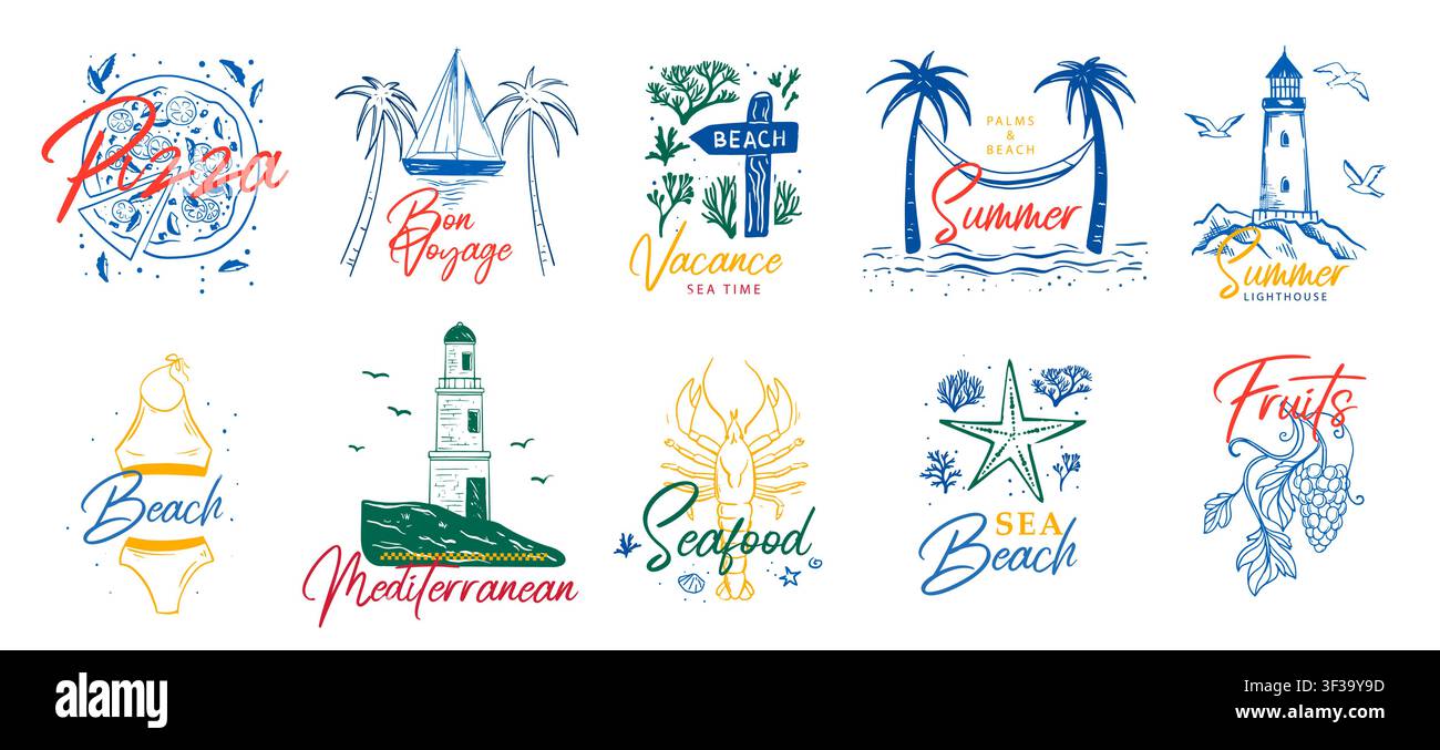 Set di poster mediterranei estivi disegnati a mano. Set di poster vettoriali per vacanze in Italia. La Dolce vita postamps, locandine, elementi di template per biglietti. Illustrazione Vettoriale