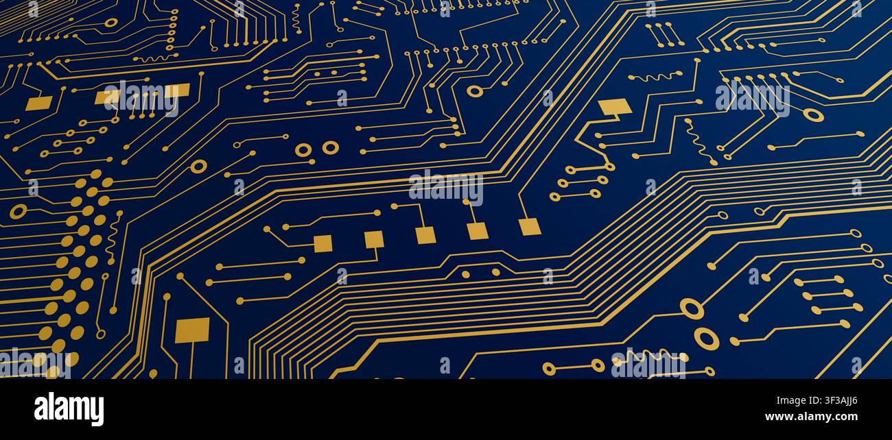 Nanotecnologie moderne. Primo piano della scheda a circuiti elettronici. Illustrazione. Panorama Foto Stock