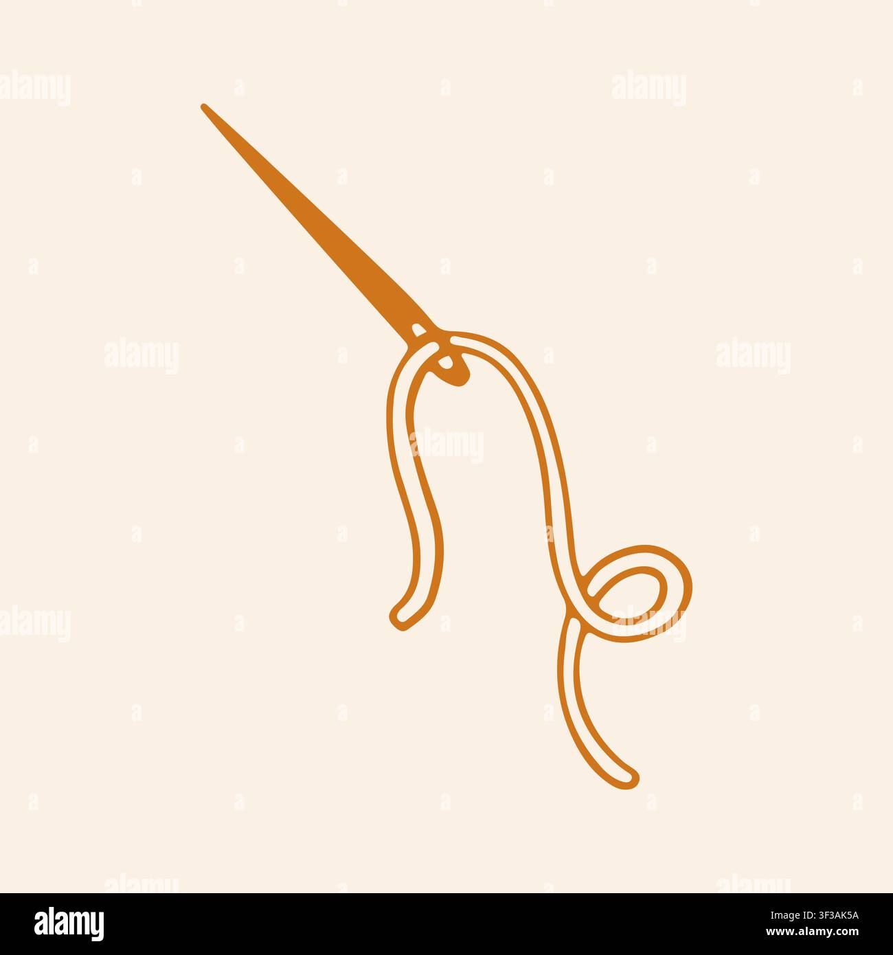 Illustrazione vettoriale di un ago da cucito classico infilato con un lungo filo ondulato. Icona artistica a linee arancioni disegnata a mano per sartoria e artigianato Illustrazione Vettoriale