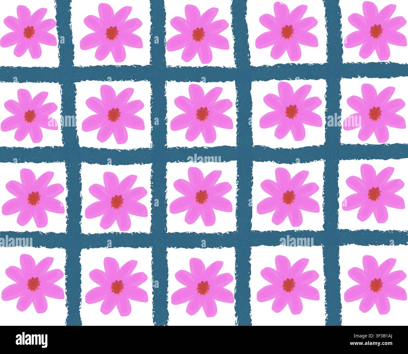 Un modello a griglia di linee blu navy che forma un layout a quadri con quadrati bianchi, ognuno con un'illustrazione di fiore margherita rosa. Foto Stock