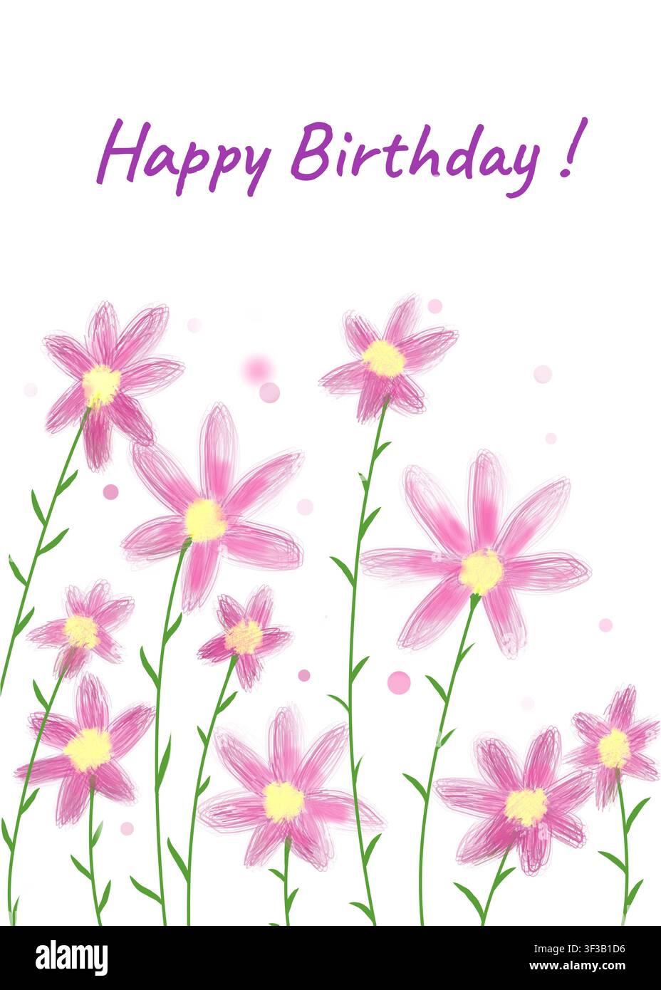 Un augurio di "Buon Compleanno!" in scrittura viola sopra un prato di margherite rosa in stile schizzo con centri gialli su steli verdi alti. Foto Stock