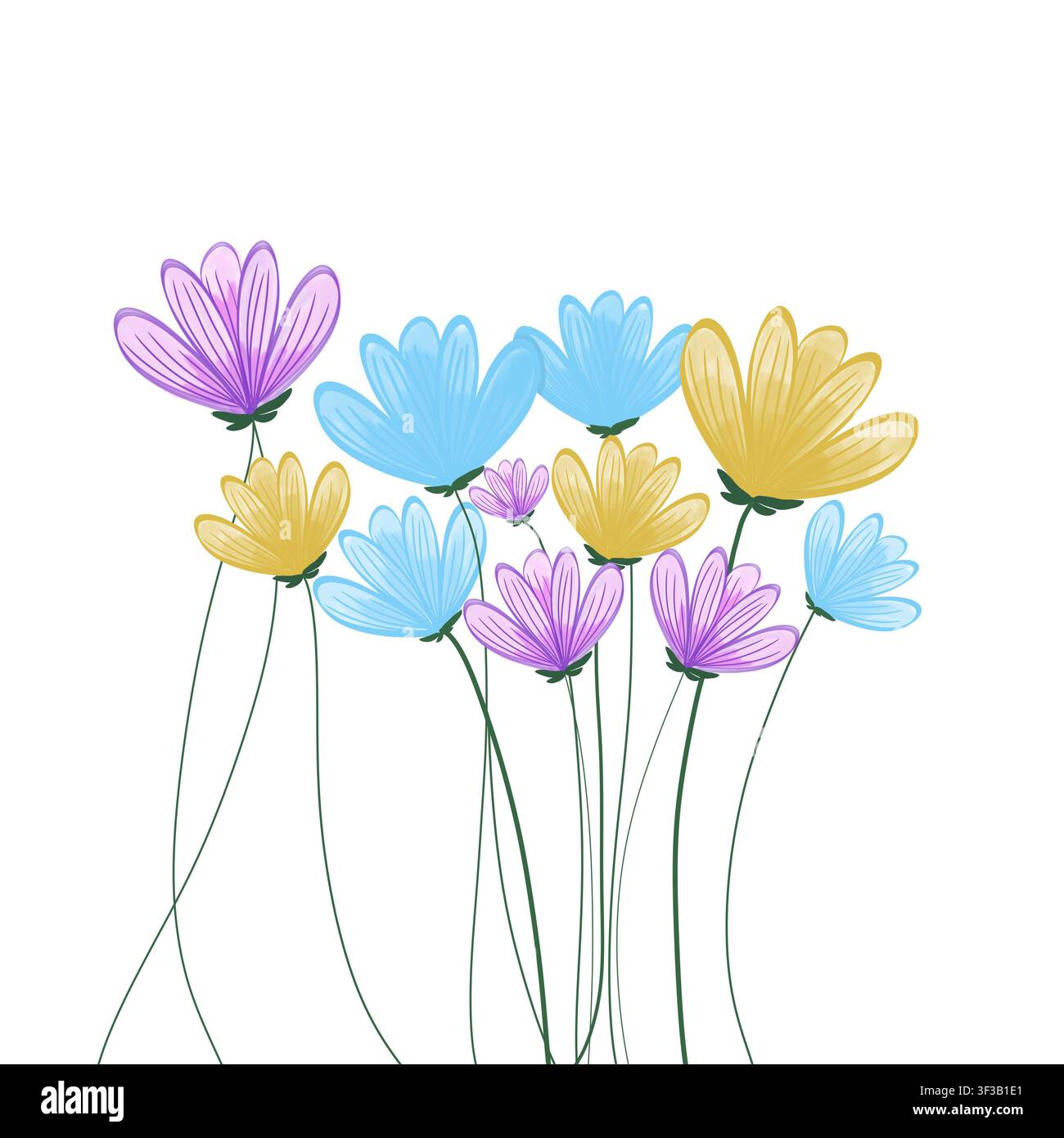Illustrazione digitale disegnata a mano di un mazzo di fiori selvatici con fiori viola, azzurri e giallo senape con lunghi steli verdi ricurvi. Foto Stock