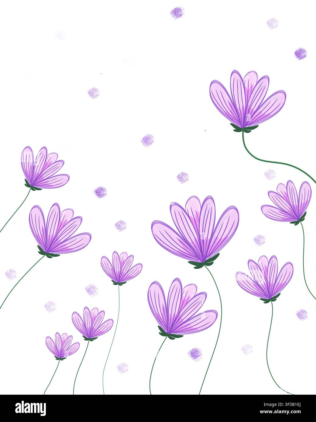 Illustrazione digitale di fiori selvatici viola con lunghi steli verdi curvi sparsi su uno sfondo bianco, accentuati da una texture a punti morbidi. Foto Stock