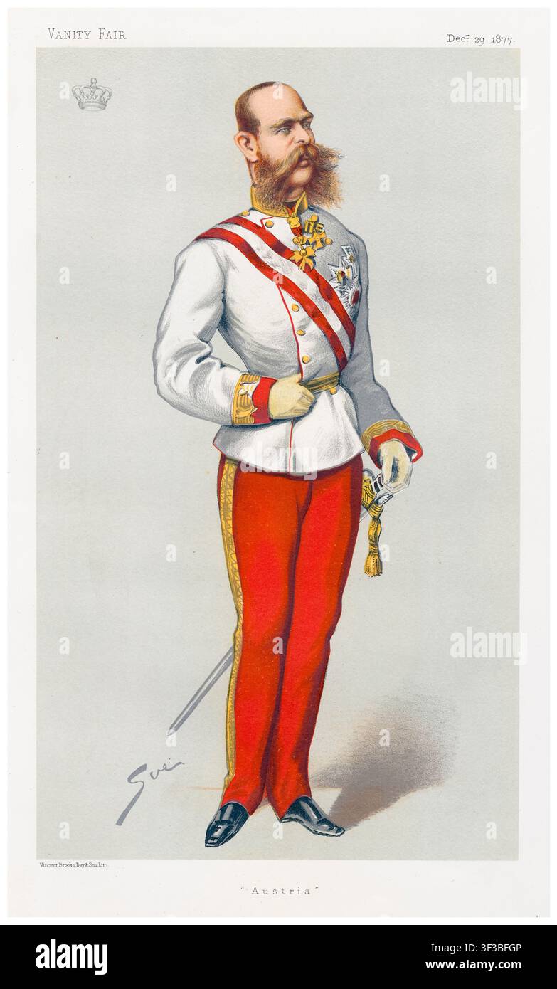 Francesco Giuseppe I d'Austria (1830-1916), imperatore d'Austria e dell'Impero austro-ungarico (1848-1916), ritratto caricatura stampa litografica di 'Sue', 1877 Foto Stock