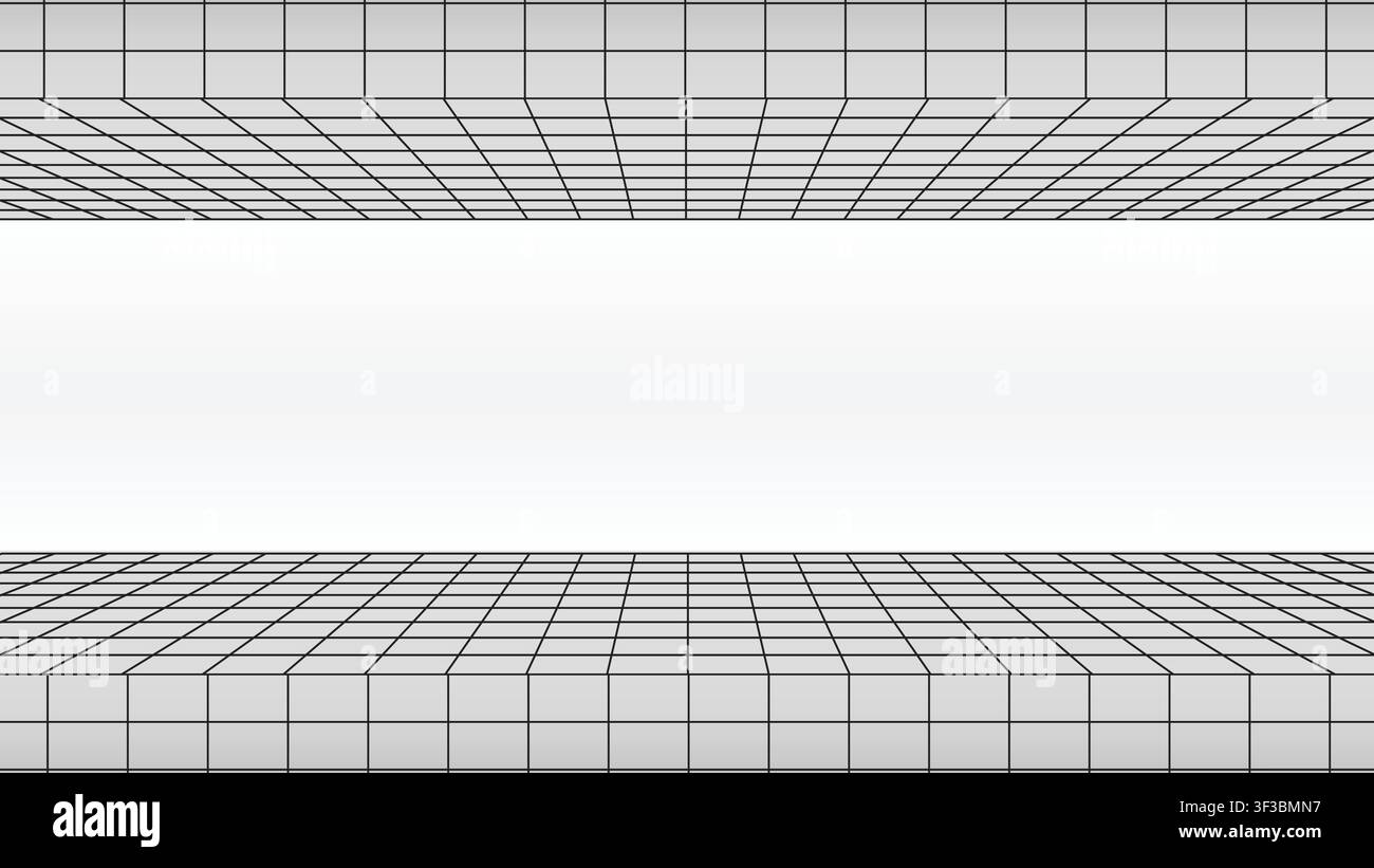 Sfondo minimale con pavimento e soffitto a griglia prospettica nera su una pulita cornice bianca Illustrazione Vettoriale