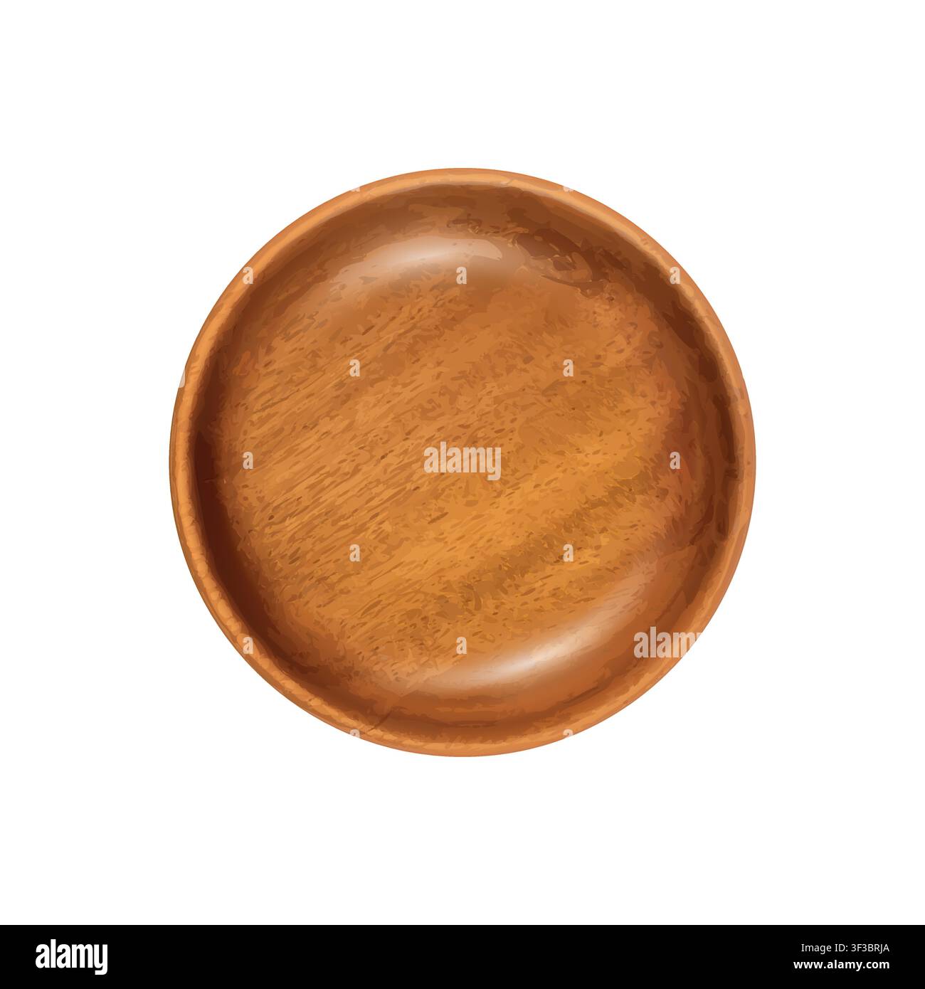 Ciotola di legno vuota isolata, ciotola di legno su sfondo bianco vista dall'alto, mockup vettoriale realistico 3D rustico Illustrazione Vettoriale