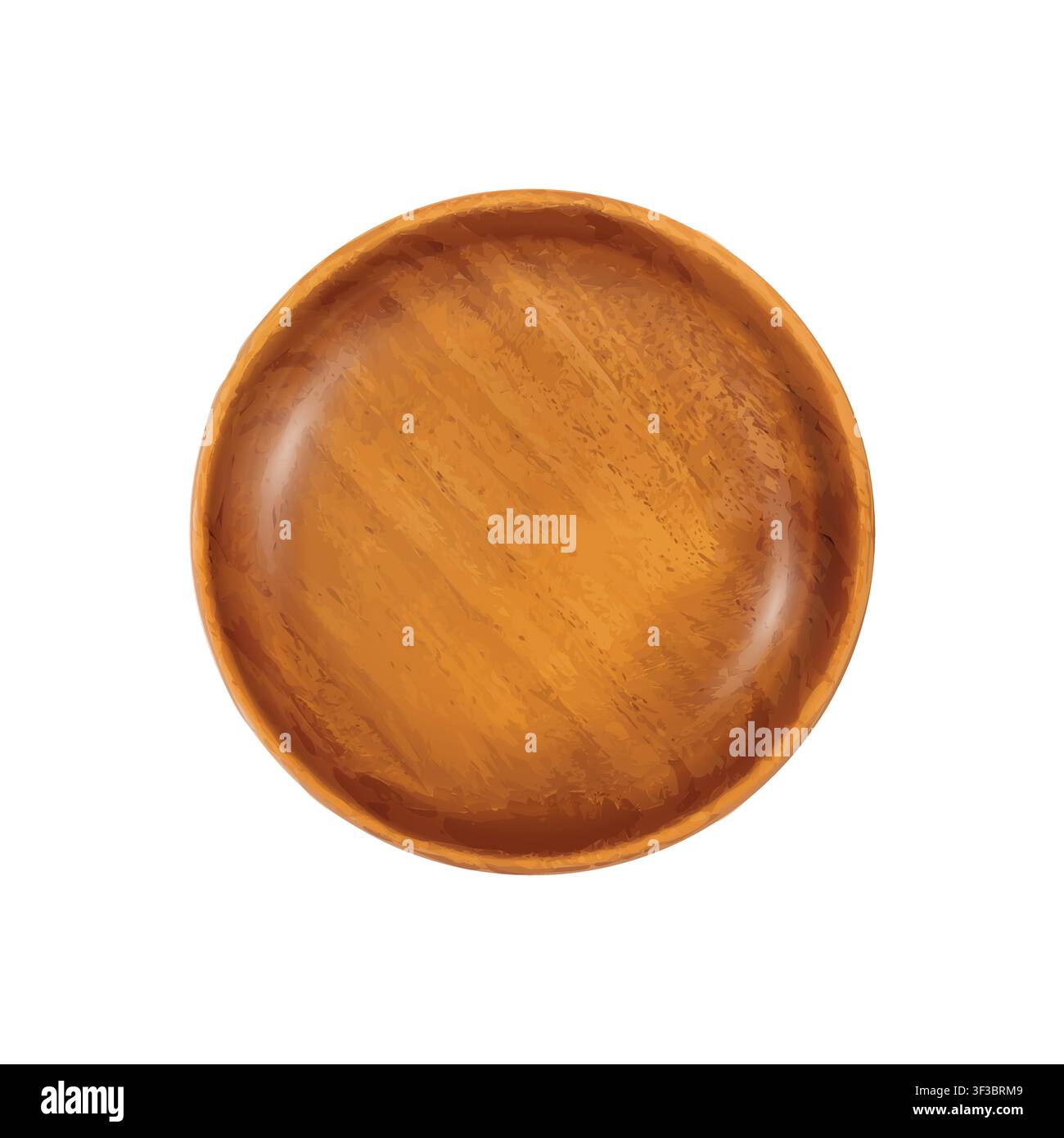 Ciotola di legno vuota isolata, modello di ciotola di legno su sfondo bianco, vista dall'alto, finto vettore realistico 3D rustico Illustrazione Vettoriale