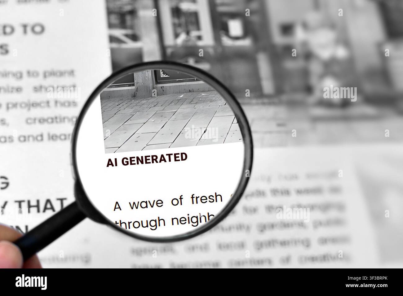 Lente d'ingrandimento che evidenzia un testo generato dall'IA in un articolo di giornale come concetto per rilevare le fake news e identificare le immagini generate dall'IA Foto Stock
