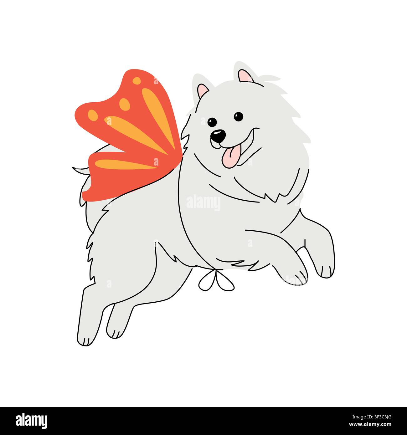 Cane Shiba Inu carino vestito da piccolo diavolo, con corna rosse e un mantello, in piedi in uno stile cartone animato semplice e isolato su uno sfondo bianco pulito Illustrazione Vettoriale
