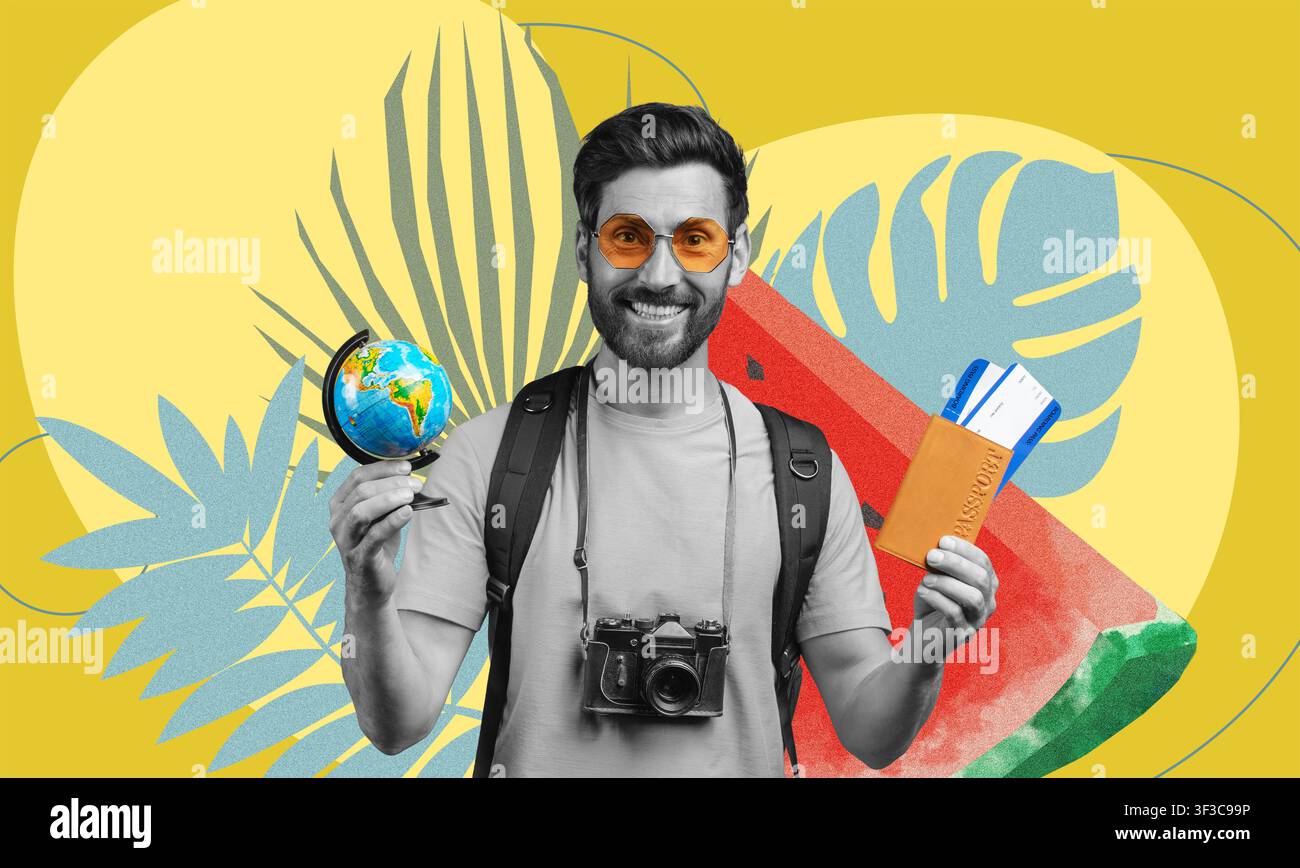 Giovane uomo ispanico sorridente che tiene un globo e documenti di viaggio, concetto di viaggio Foto Stock