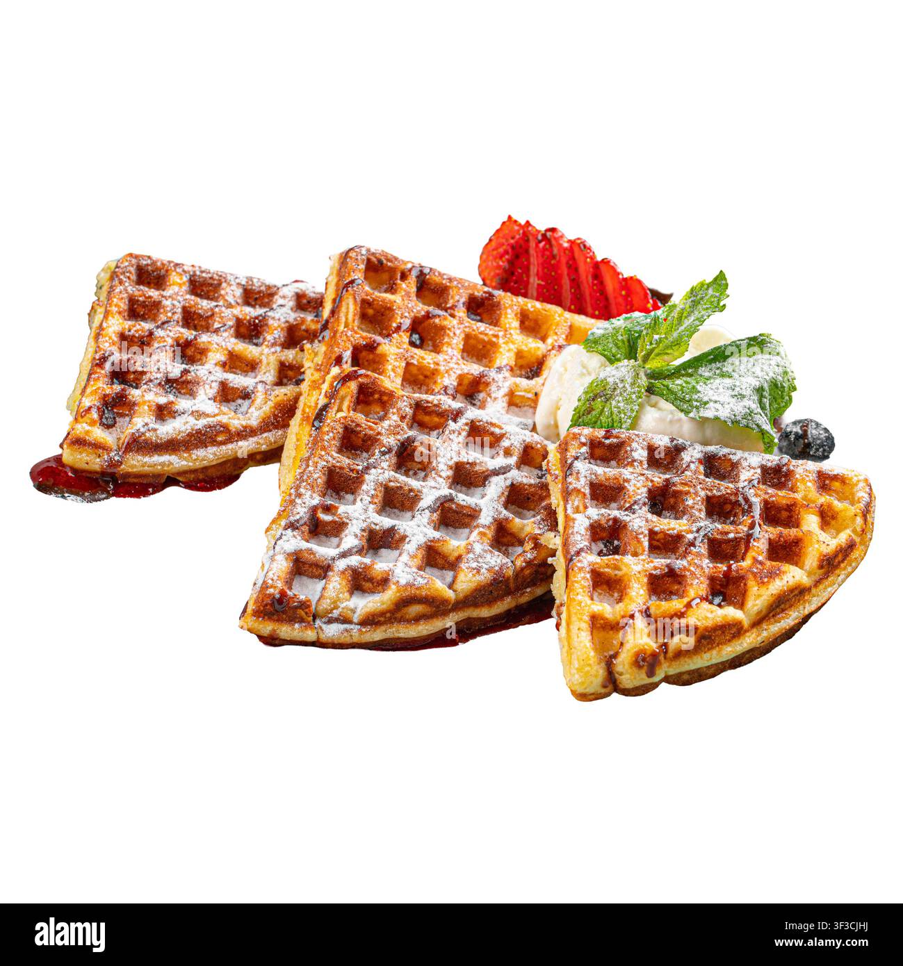 Dolci waffle belgi con fragole isolate Foto Stock