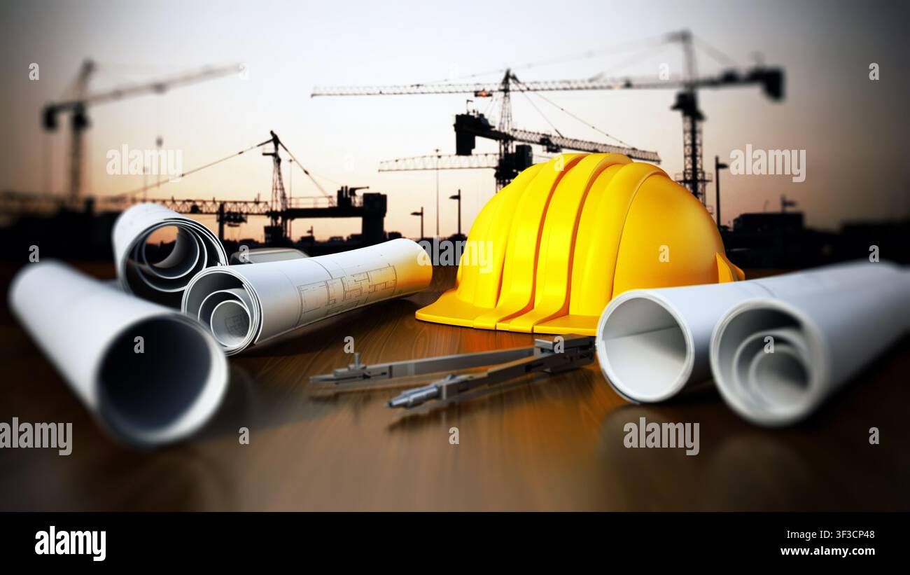 Progetti di costruzione, hardhat e strumenti sul tavolo con un sito in costruzione sullo sfondo. 3D illustrazione Foto Stock