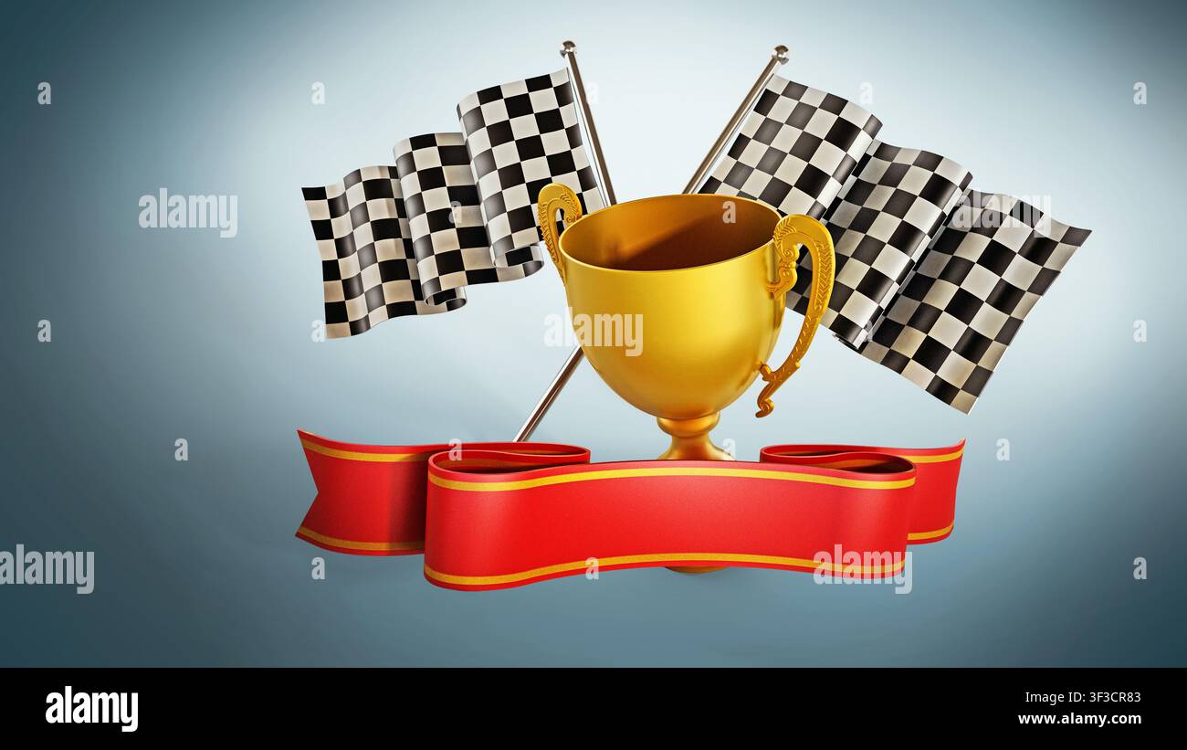Coppa d'oro, bandiere a scacchi e nastro rosso. Illustrazione 3D Foto Stock