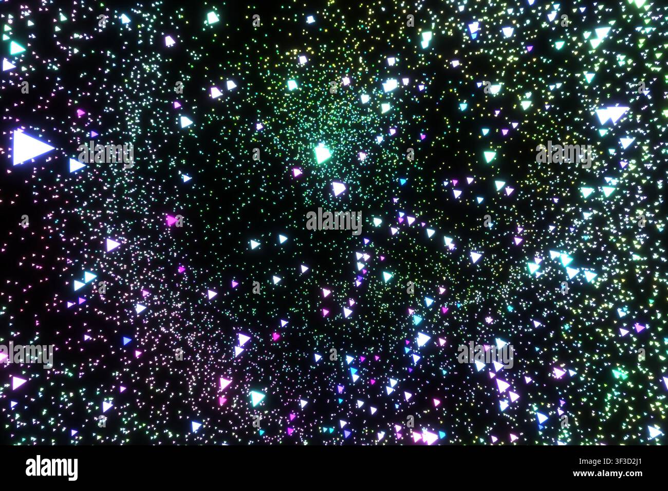 Sfondo esplosione di particelle Galassia Viola Rosa Verde. Campo di luce di particelle digitali colorato astratto. Foto Stock