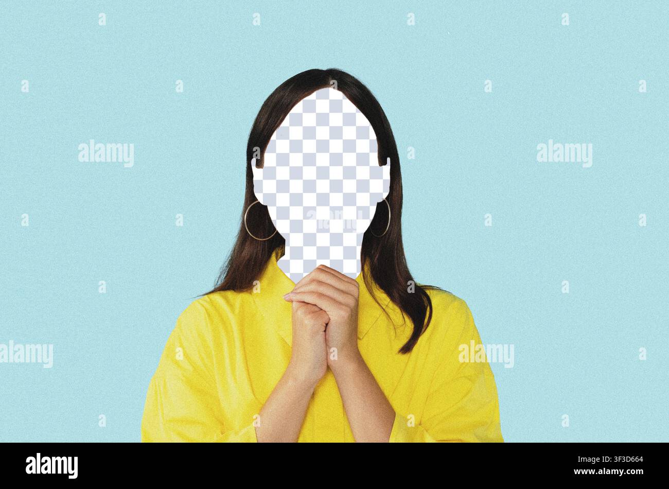 Donna irriconoscibile che tiene le mani sul viso, sfondo giallo, concetto di benessere Foto Stock