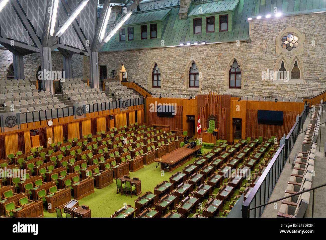 Camera vuota all'interno della sala temporanea della Camera dei Comuni canadese al West Block a Ottawa, Ontario, Canada Foto Stock