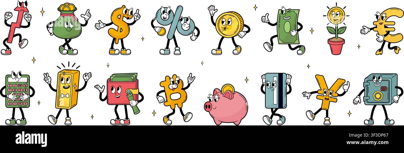 Personaggi finanziari groovy. Banca, cripto e investimento. Moneta d'oro isolata divertente, lingotto d'oro, simboli di dollaro e bitcoin, maialino salvadanaio e portafoglio Illustrazione Vettoriale