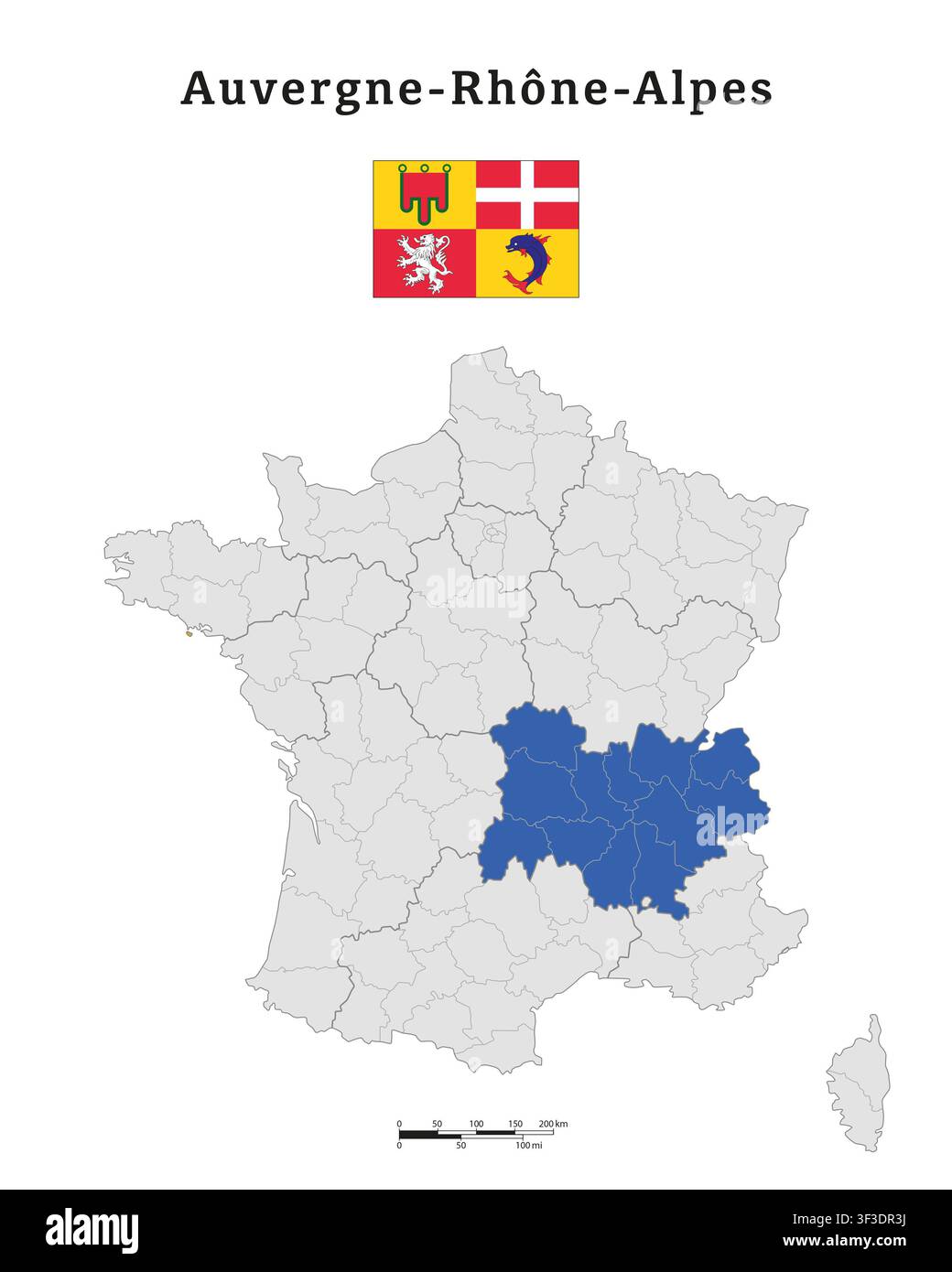 Mappa della regione francese Alvernia-Rodano-Alpi Foto Stock