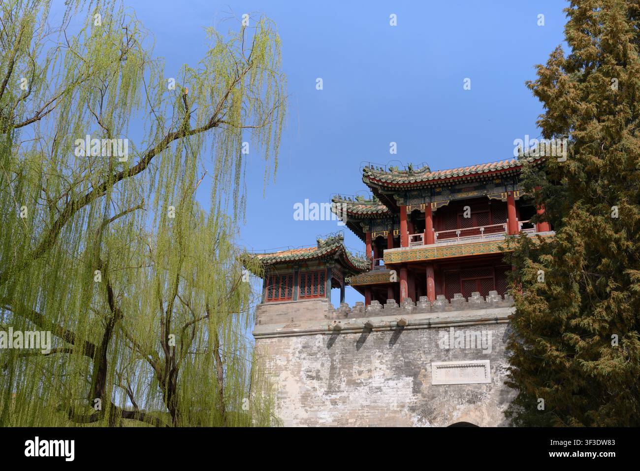 Torre Wenchangge e un salice in fiore nel parco Yiheyuan a Pechino, Cina Foto Stock