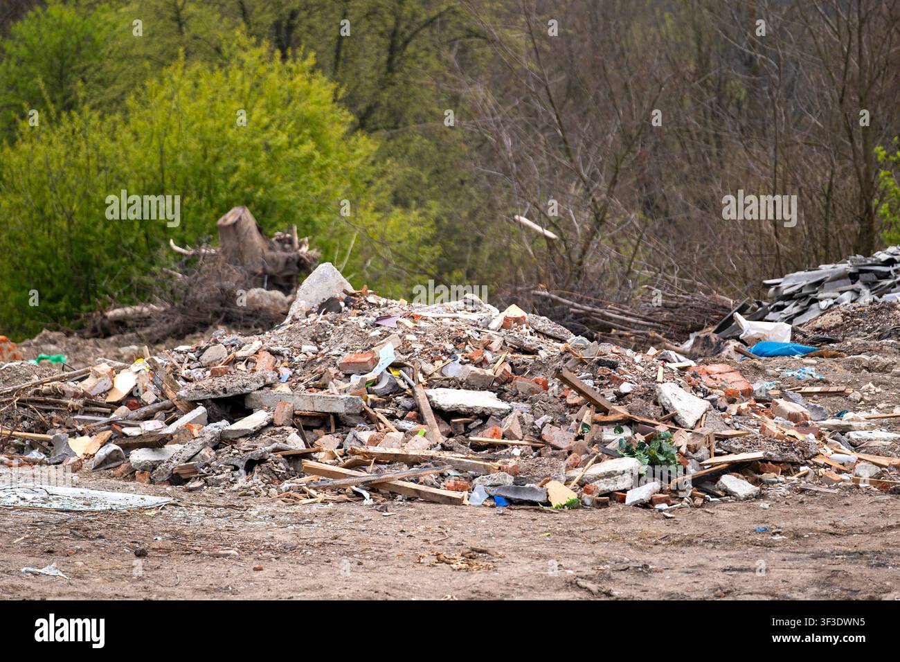 Pacco di spazzatura abbandonato nel bosco. Rifiuti non biodegradabili che contaminano le foreste e creano problemi ecologici. Foto Stock