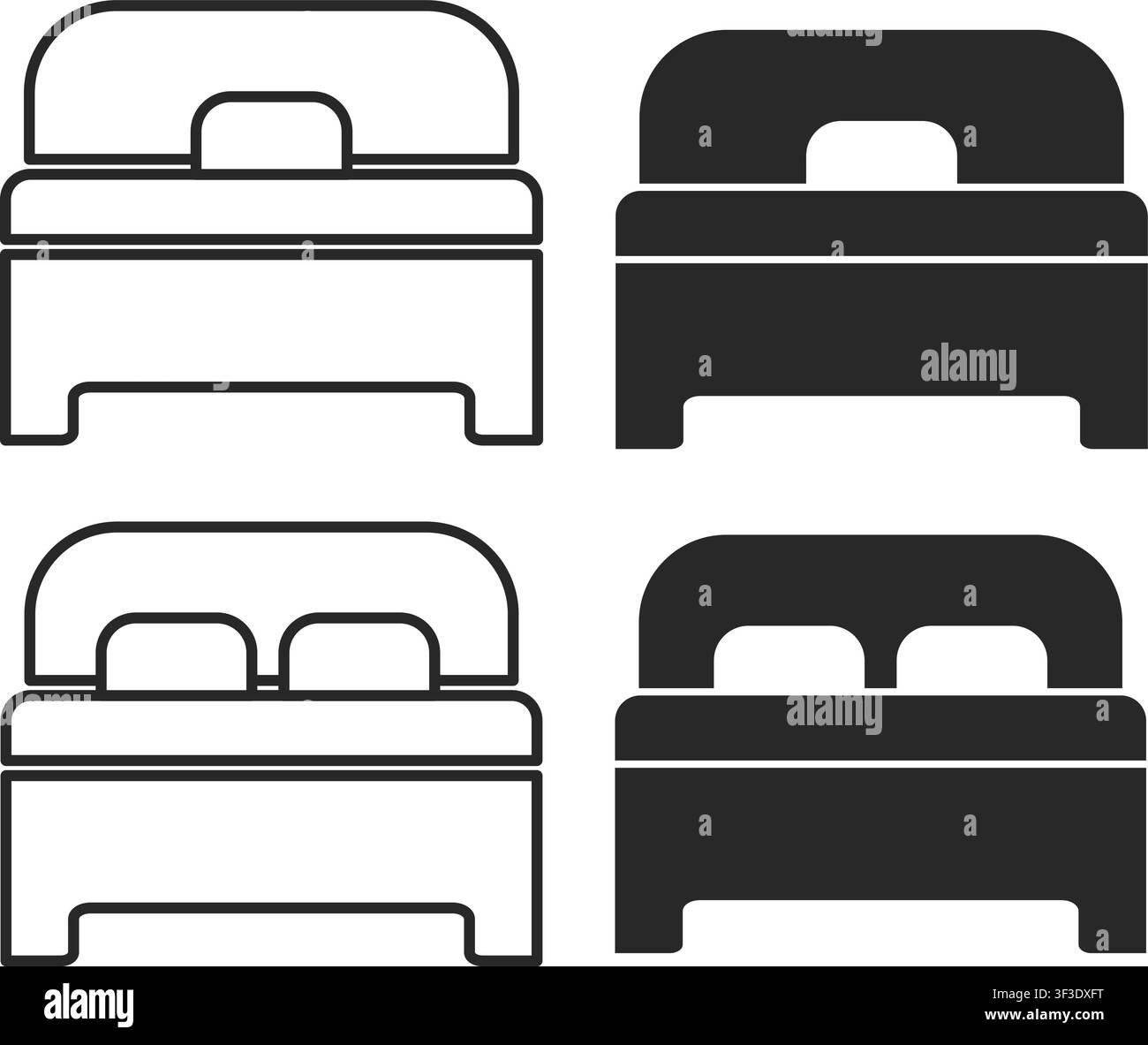 Un insieme di icone minimaliste in bianco e nero per letti con disposizioni di cuscini singoli e doppi per l'arredamento di camere da letto e simboli di hotel. Illustrazione Vettoriale