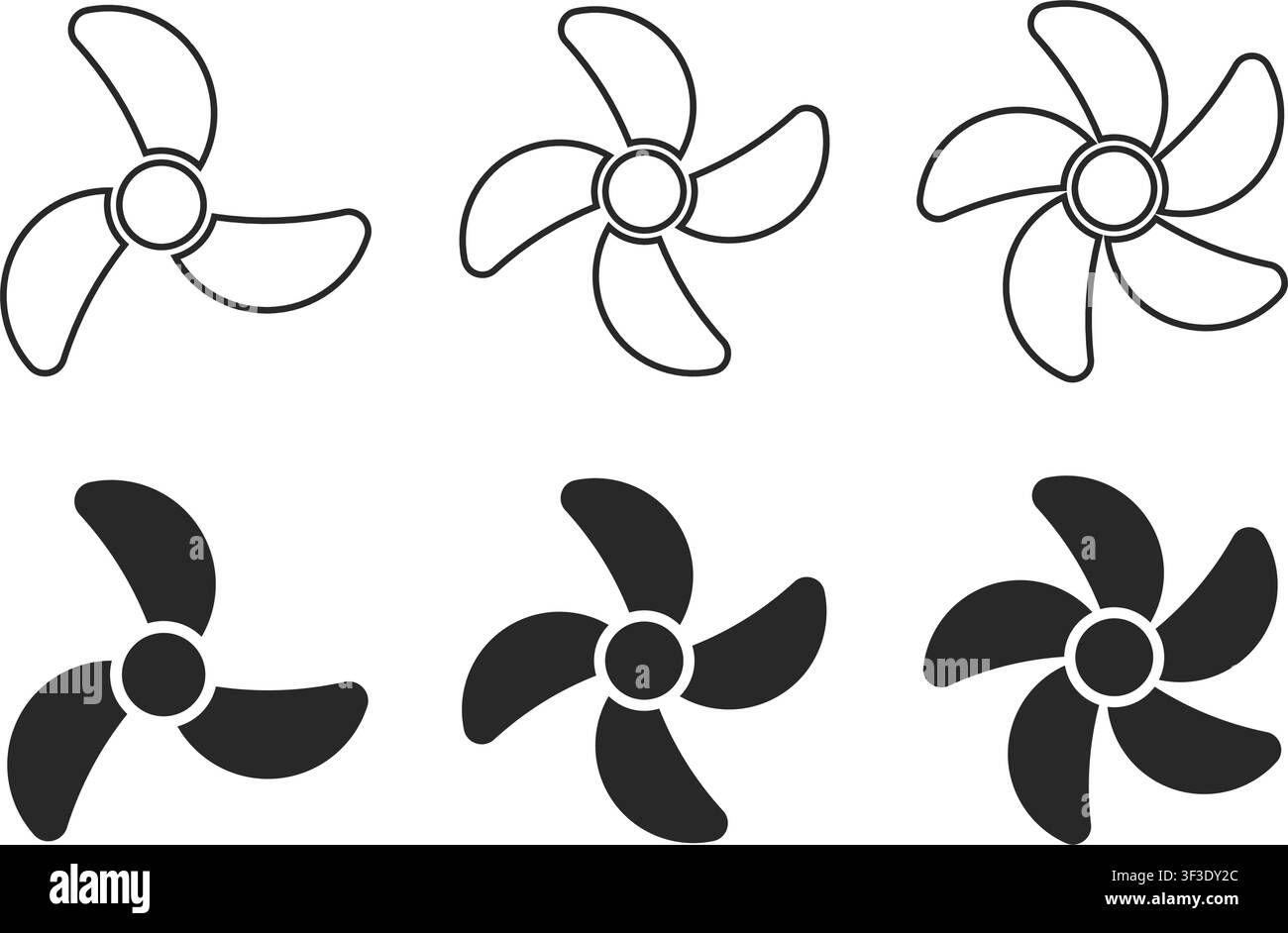 Un insieme di icone semplici a linea e a silhouette piene che rappresentano pale di eliche multiple e componenti di ventole per il design meccanico, marino o industriale. Illustrazione Vettoriale