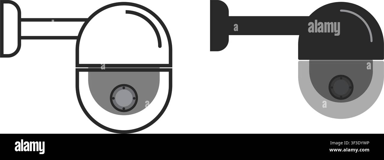 Icone vettoriali piatte minimaliste di una telecamera di sicurezza a cupola CCTV montata a parete in stili outline e solido per il design di sorveglianza e sicurezza. Illustrazione Vettoriale