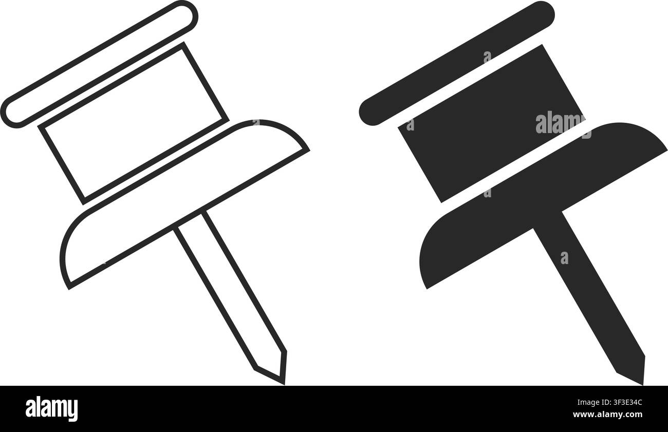 Una grafica pulita con due icone a spillo, una presentata come semplice linea di contorno e l'altra come silhouette nera solida. Illustrazione Vettoriale