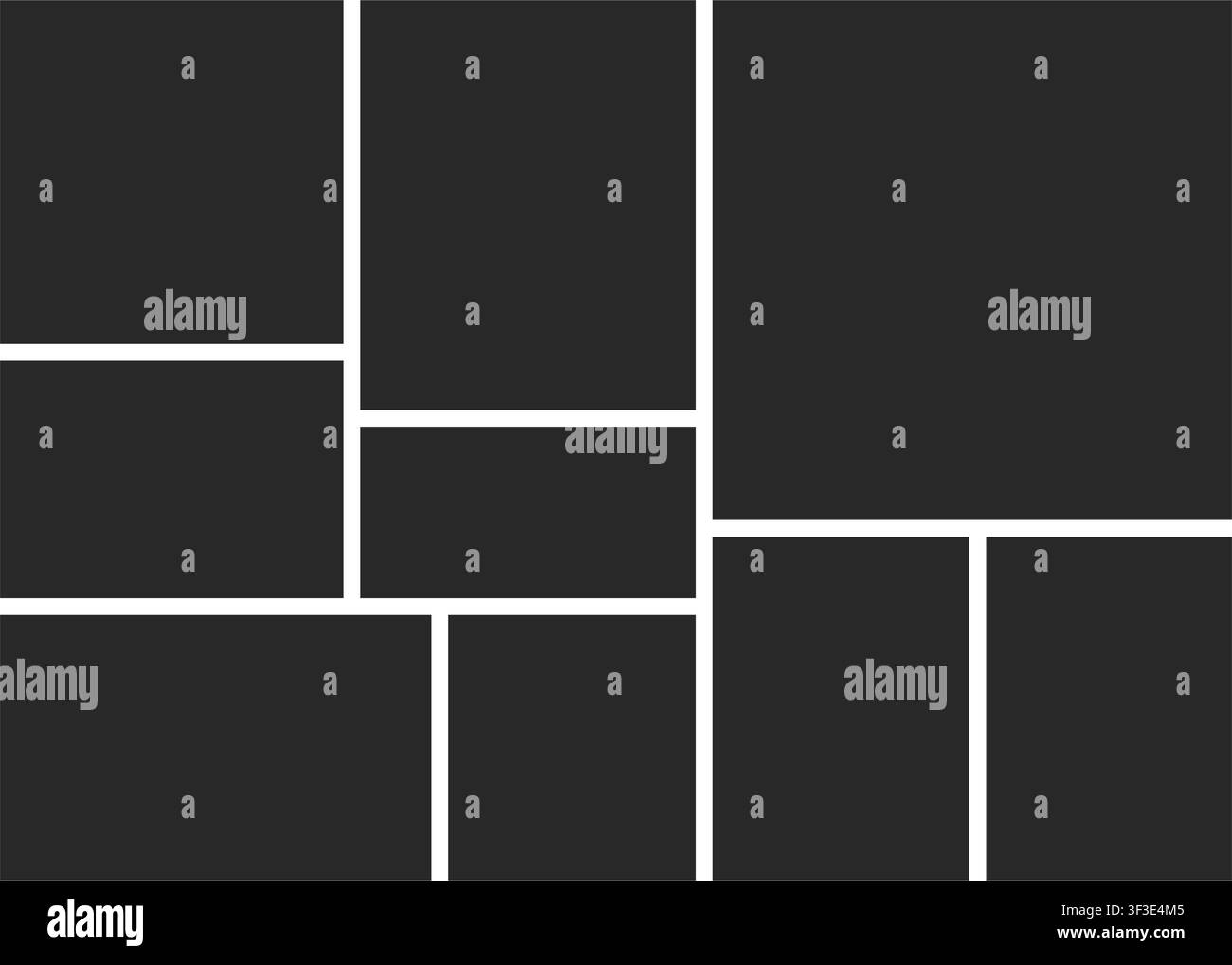 Un modello a griglia di layout per collage fotografico minimalista in bianco e nero con una serie di cornici quadrate e rettangolari miste separate da linee bianche. Illustrazione Vettoriale