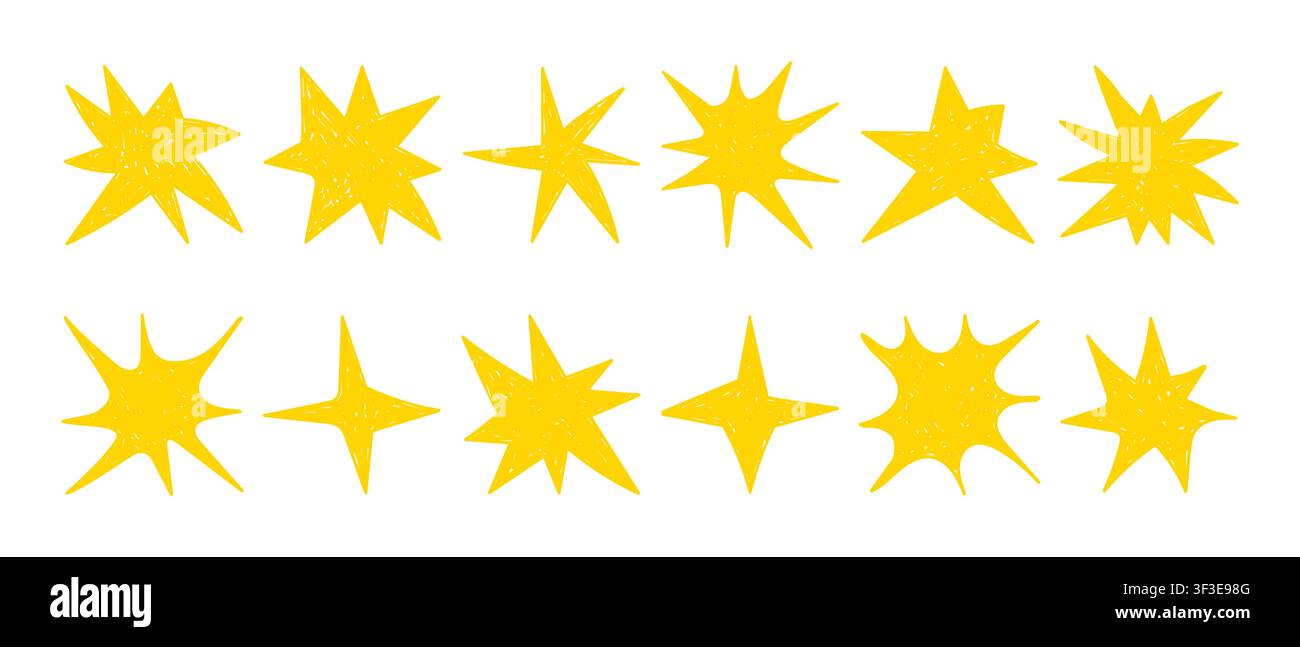 Icone a forma di stella disegnate a mano con effetti scintillanti e glitter magico. Elementi vettoriali in stile schizzo con luci tremolanti e simpatiche stelle doodle per Illustrazione Vettoriale