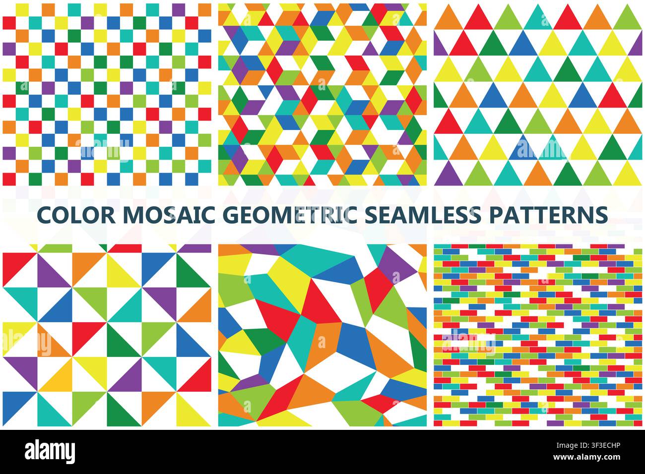 Collezione vettoriale di motivi geometrici a mosaico colorati senza cuciture. Set di modelli di sfondo multicolore moderni con quadrati e triangoli astratti creativi Illustrazione Vettoriale