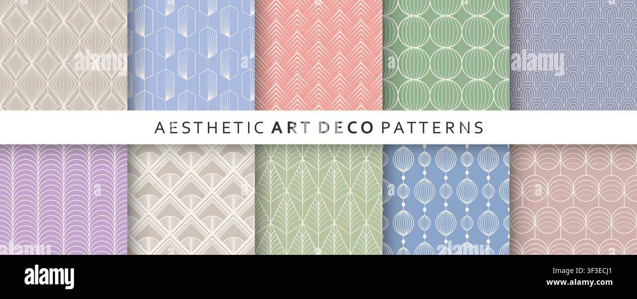 Collezione di motivi senza cuciture pastello morbido di lusso vettoriale. Modelli di sfondo eleganti geometrici art déco con ornamento vintage creativo per trendy Illustrazione Vettoriale
