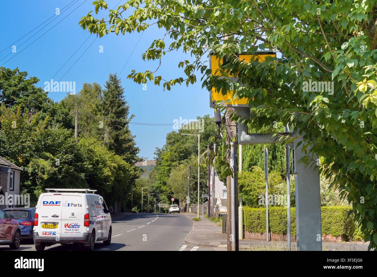 Taffs Well, Rhondda Cynon Taf, Galles, Regno Unito - 15 luglio 2026: Rami e foglie di un albero che ostruiscono la vista di una telecamera per il controllo della velocità a Taffs Well Foto Stock