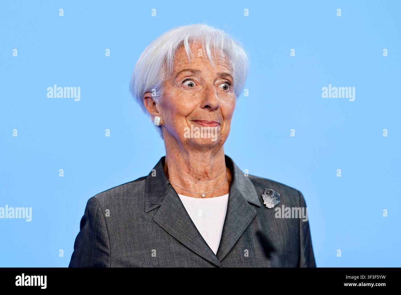 Presidente della BCE Christine Lagarde alla conferenza stampa [conferenza stampa] della Banca centrale europea alla BCE di Francoforte. La Banca centrale europea non esclude un aumento dei tassi nella zona euro per settembre. Francoforte sul Meno, 23.07.2026 Foto Stock