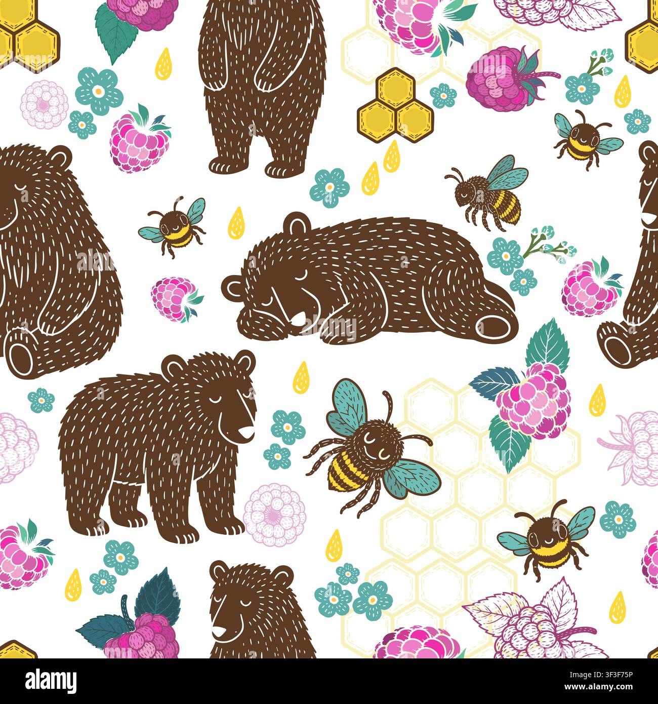 Orso, miele e lamponi senza cuciture. Disegnato a mano. Non ai, illustrazione vettoriale. Illustrazione Vettoriale