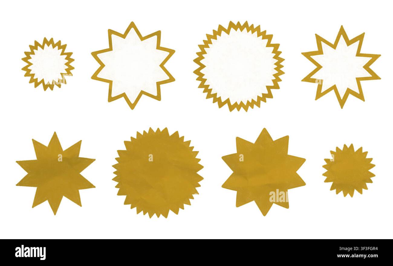 Collezione di adesivi a forma di esplosione stellare color oro per etichette di vendita e badge su sfondo bianco Foto Stock