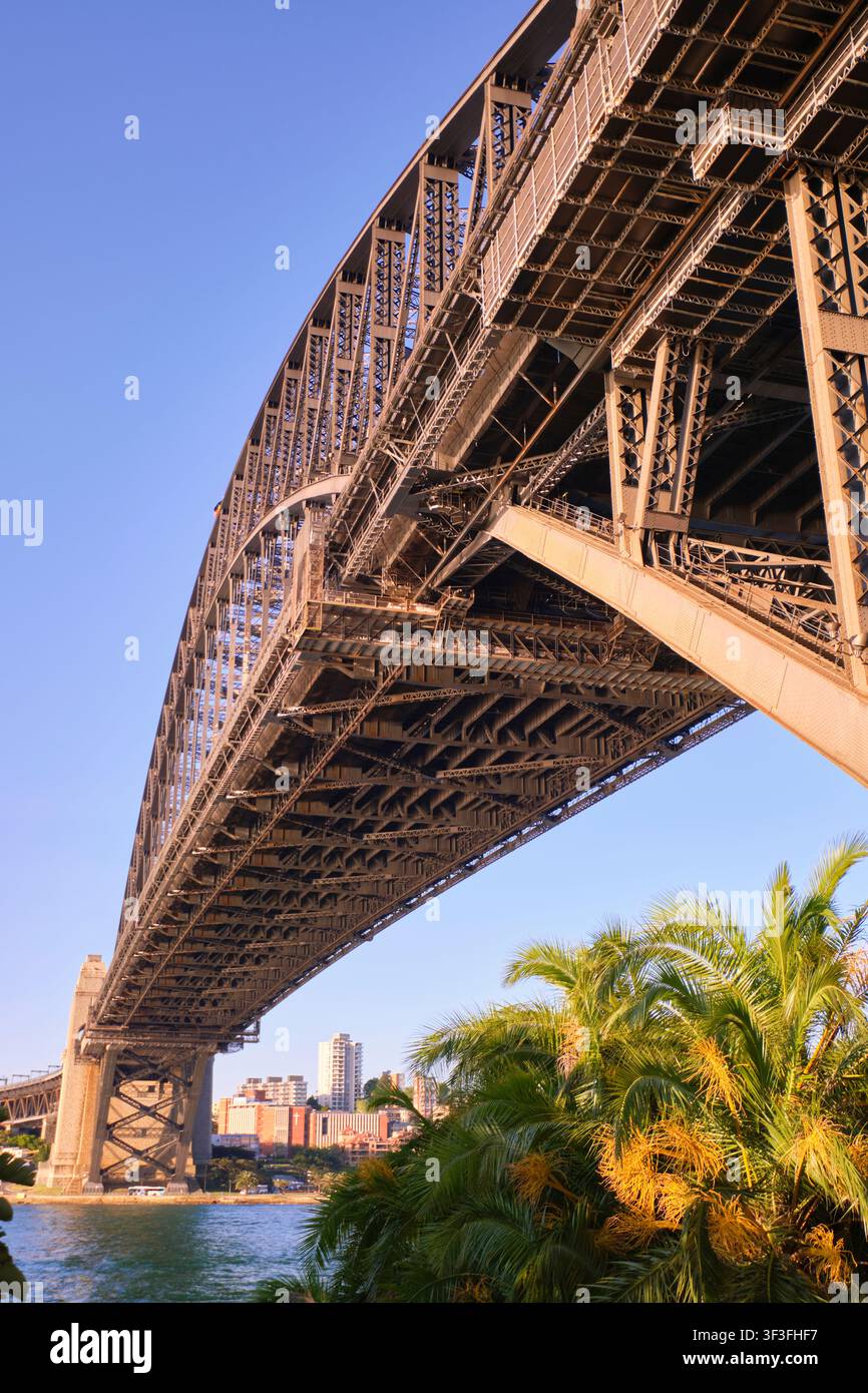 Vista ampia e bassa nella luce dorata del pomeriggio. Al Sydney Harbour, Harbour Bridge nel NSW, Australia. Foto Stock