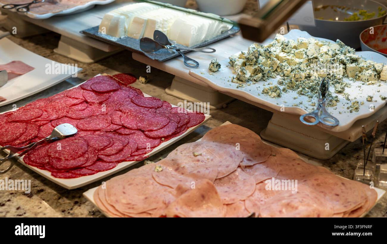 Prima piano di un buffet con salame affettato, prosciutto, formaggio blu e latticini freschi. Assortimento di salumi e formaggi serviti a colazione in un hotel. Foto Stock