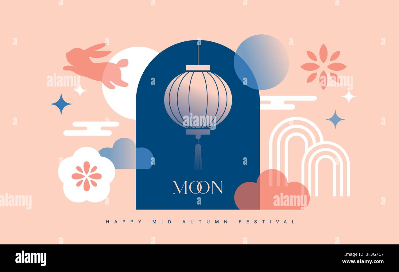 Poster del Festival di Mezza Autunno, banner, design di copertina, illustrazione vettoriale con coniglio, lanterna, luna in stile geometrico moderno. Illustrazione Vettoriale