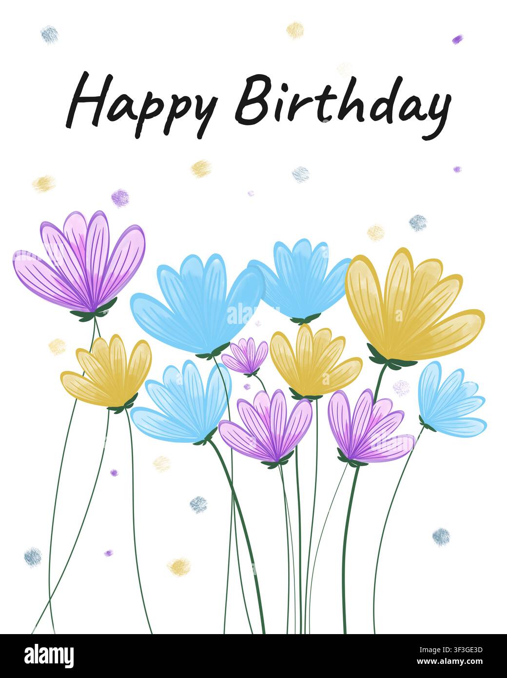 Un allegro design di buon compleanno con fiori blu, viola e gialli su steli lunghi con accenti di coriandoli e testo in stile calligrafico. Foto Stock