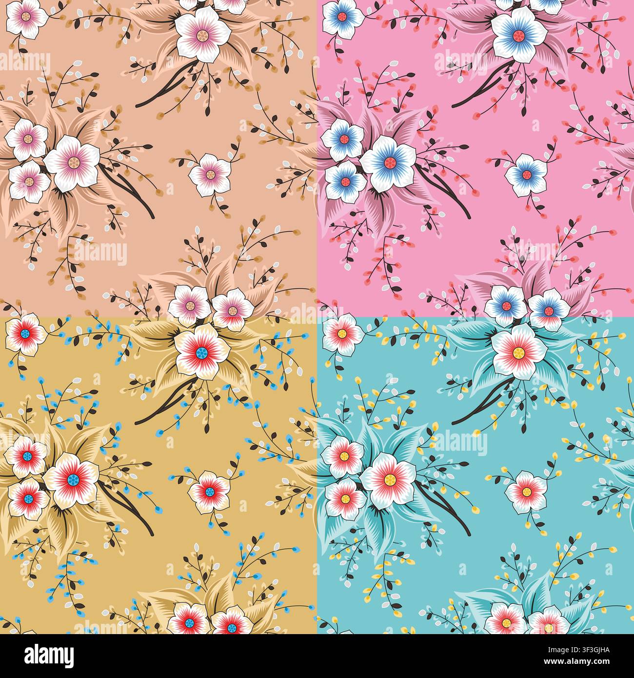 Modello floreale senza cuciture con bouquet botanici multicolori su quattro sfondi Illustrazione Vettoriale