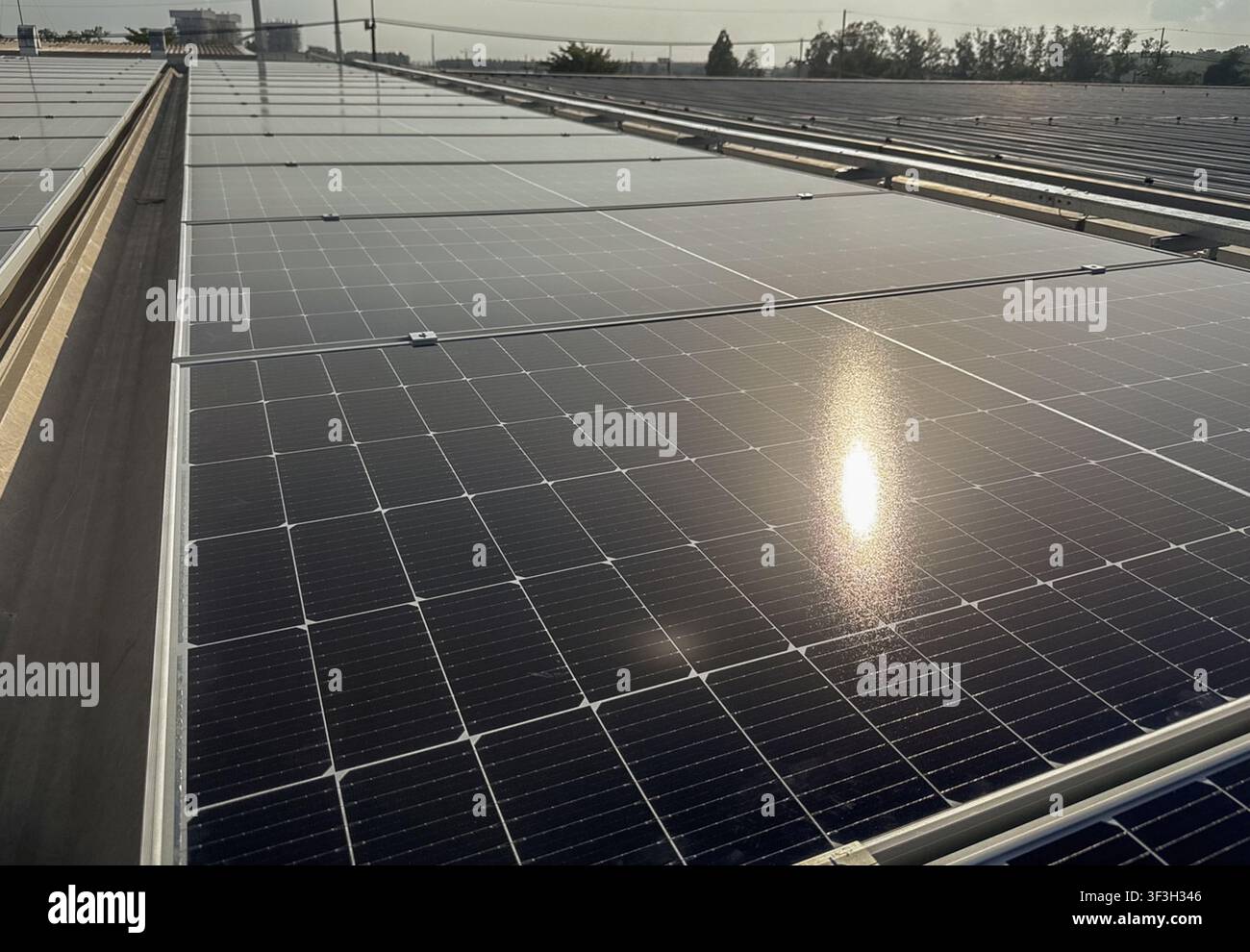 Primo piano di pannelli solari fotovoltaici installati su un tetto metallico di un impianto industriale, con guide di montaggio e componenti di messa a terra per le energie rinnovabili Foto Stock