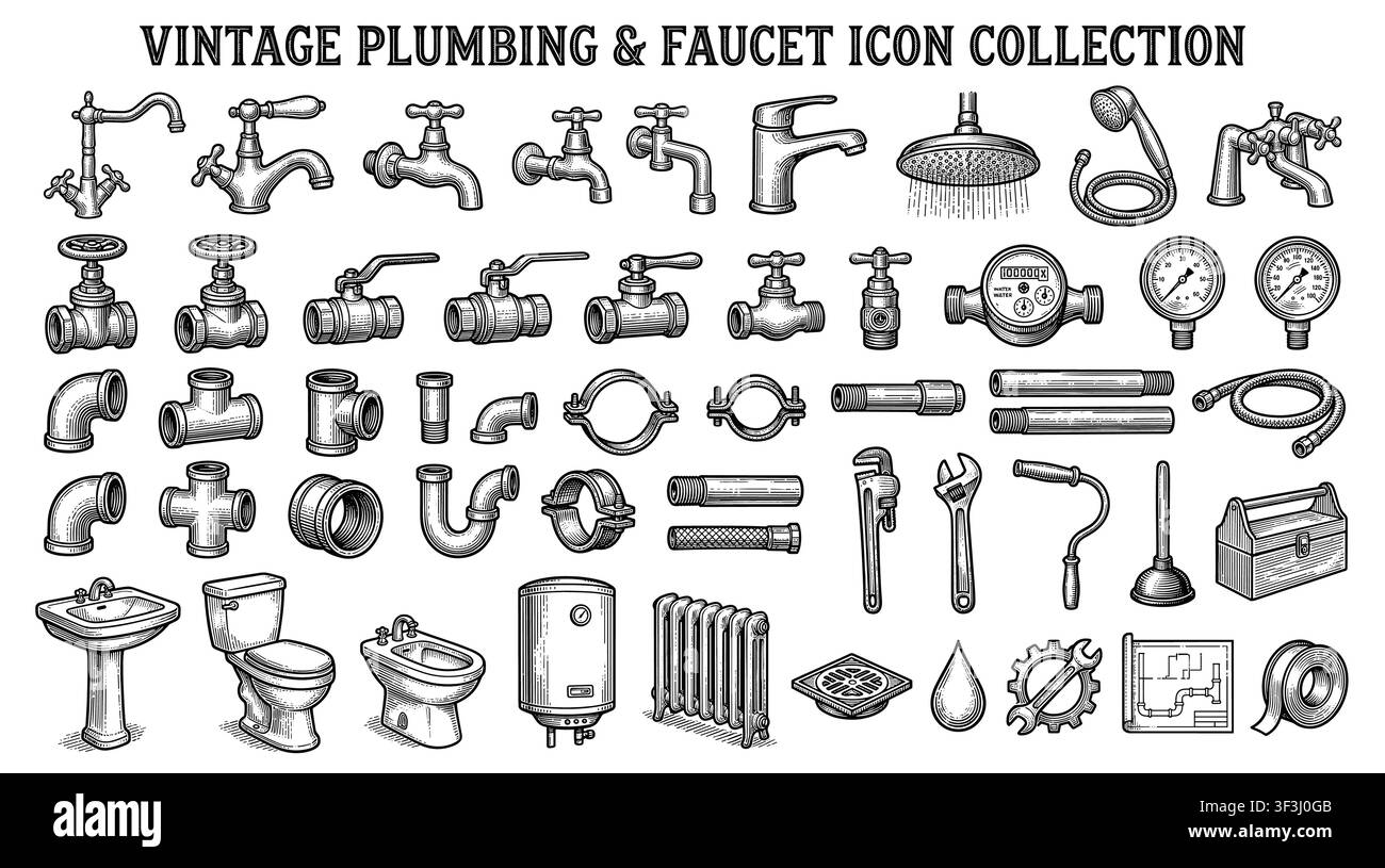 Set di icone di rubinetteria e idraulica inclusi rubinetti, soffioni doccia, valvole industriali e accessori per il bagno.. Illustrazione Vettoriale