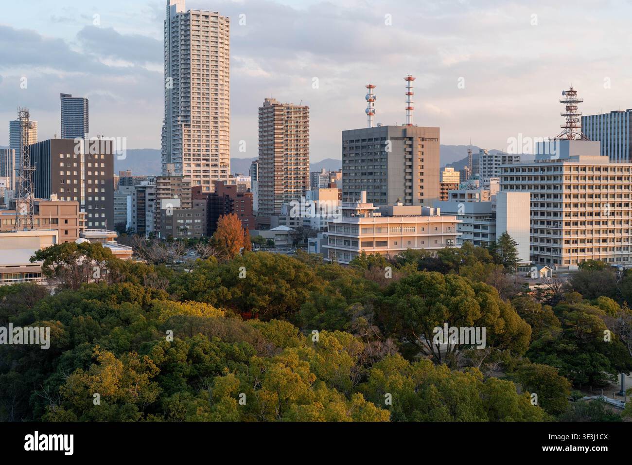 Paesaggio urbano di Hiroshima al tramonto con una lussureggiante vegetazione urbana Foto Stock
