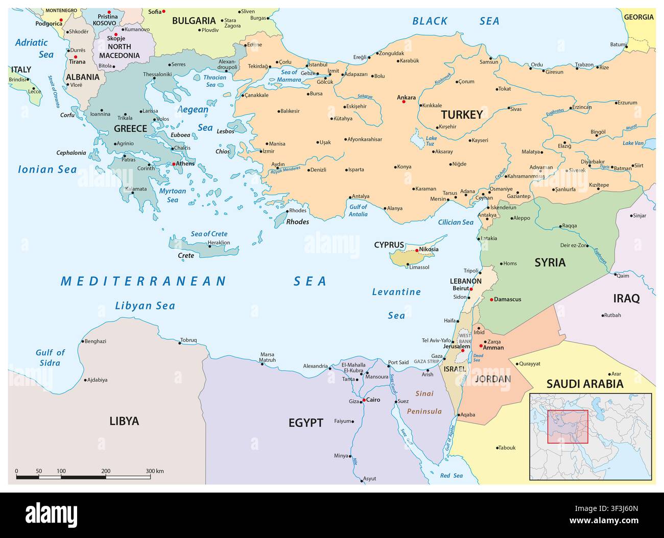 Mappa dettagliata della regione del Mediterraneo orientale Foto Stock