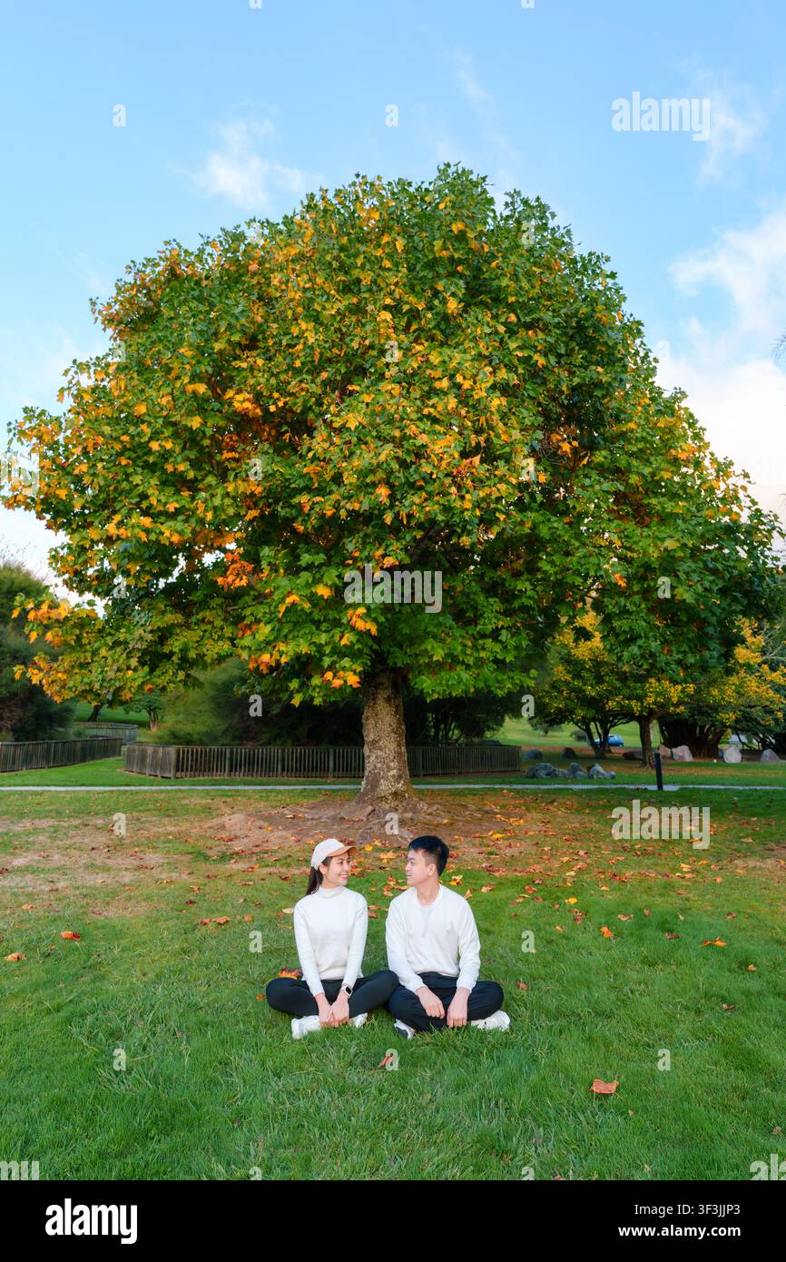 Coppia asiatica felice in maglione bianco seduta sull'erba verde sotto un grande acero con fogliame autunnale in un ambiente di parco pubblico durante la stagione autunnale Foto Stock