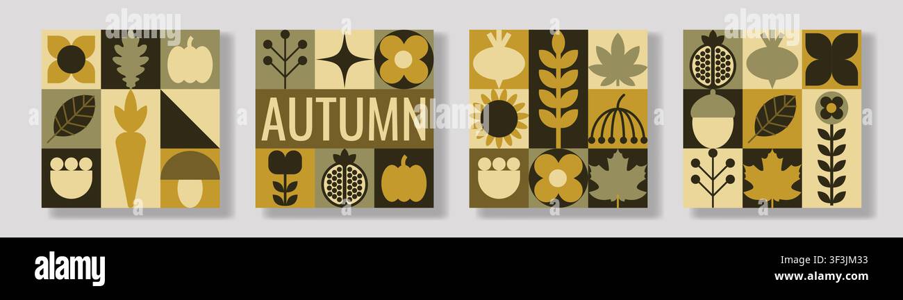 Set di quattro modelli di banner geometrici autunnali e carte quadrate con icone minimaliste di zucche, foglie, funghi, carote, ghiande, melagrane Illustrazione Vettoriale