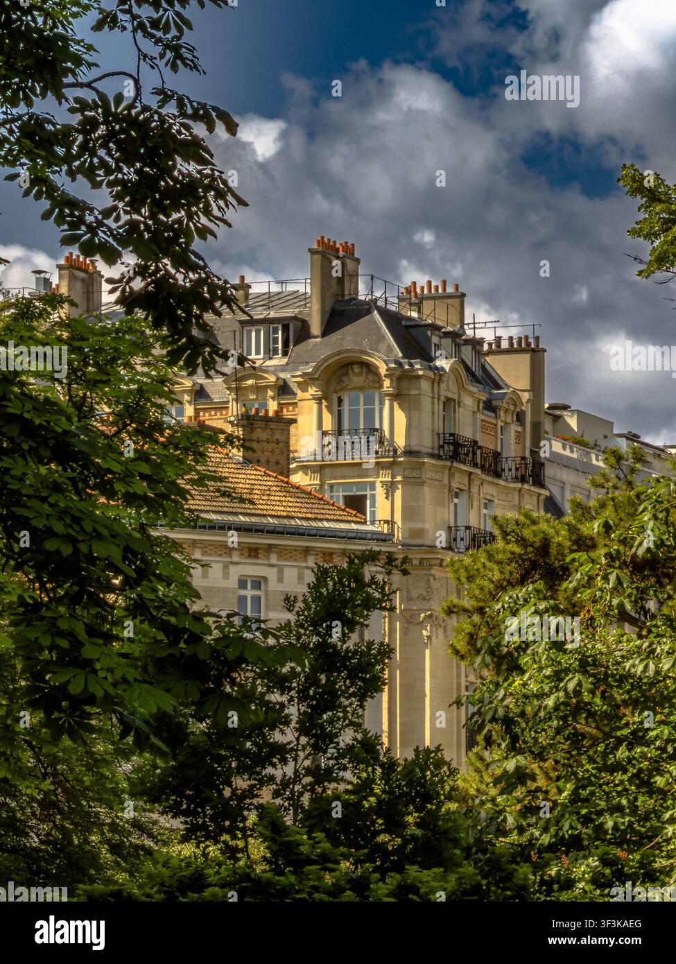 Un edificio parigino elegante visto dal Jardin du Luxembourg nel 6° arrondissement di Parigi, Francia Foto Stock