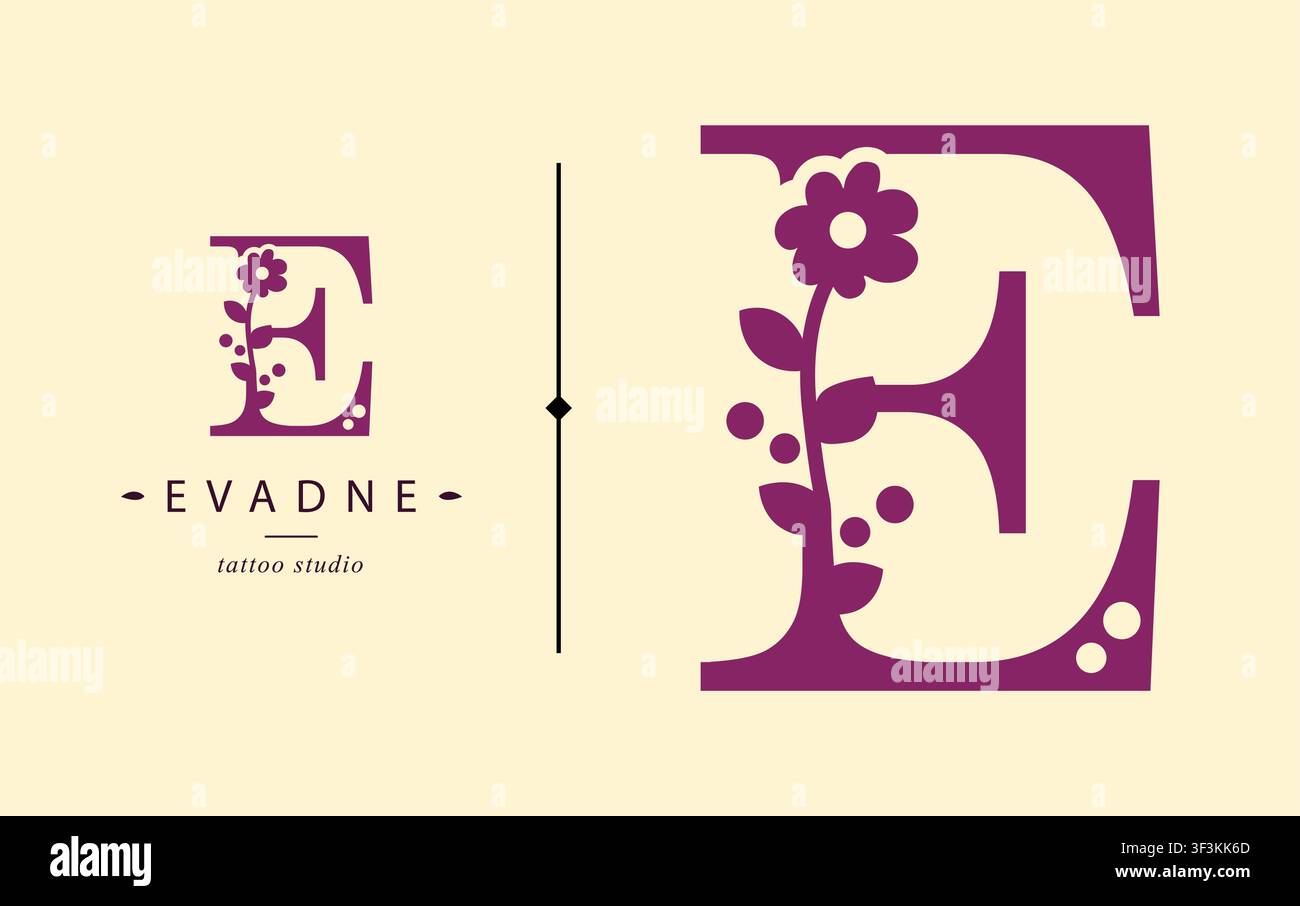 Logo, lettera maiuscola E. monogramma di Botanical minimalistic, iniziale. Con elementi vegetali organici. Illustrazione Vettoriale