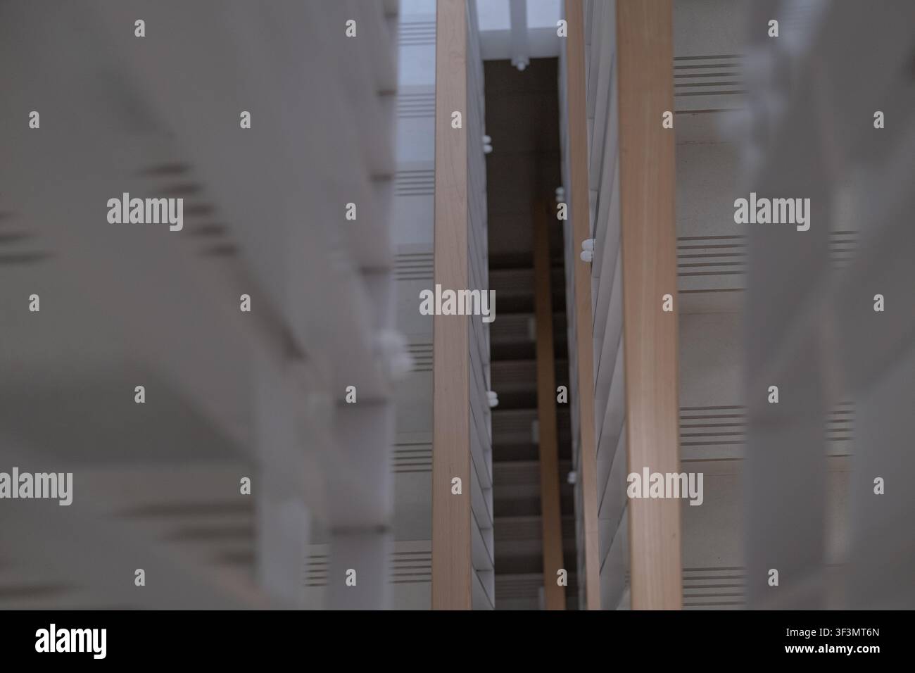 Composizione architettonica astratta che guarda tra scale moderne con linee geometriche pulite, simmetria e design minimalista. Residente contemporaneo Foto Stock